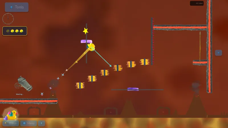A crucible level over lava, the duck flying past fire bars toward a star