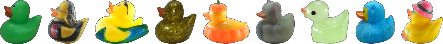 A row of rubber ducks from the game: a green leaf duck, Benjamin Franklin, the surf duck, a gold sparkle duck, a pumpkin duck, an elephant and more