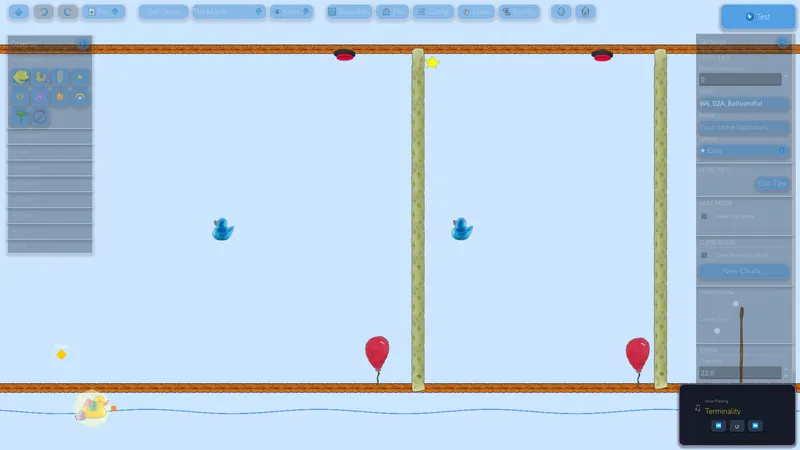 The level editor with its object palette and properties panel