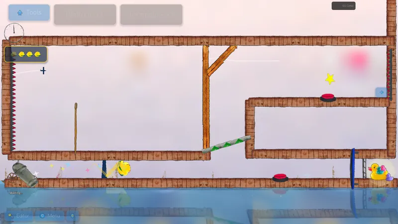 A harbor level built from wooden beams, with the cannon on the left and mama duck on the right