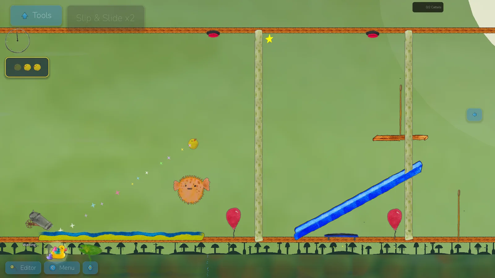 A rubber duck flies from the cannon across a marsh level, past balloons and a slide